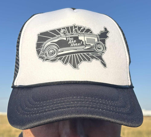 YOU ARE HERE snap-back trucker cap (black and white)