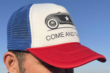 Load image into Gallery viewer, COME AND TAKE IT snap-back trucker cap (red, white, blue)