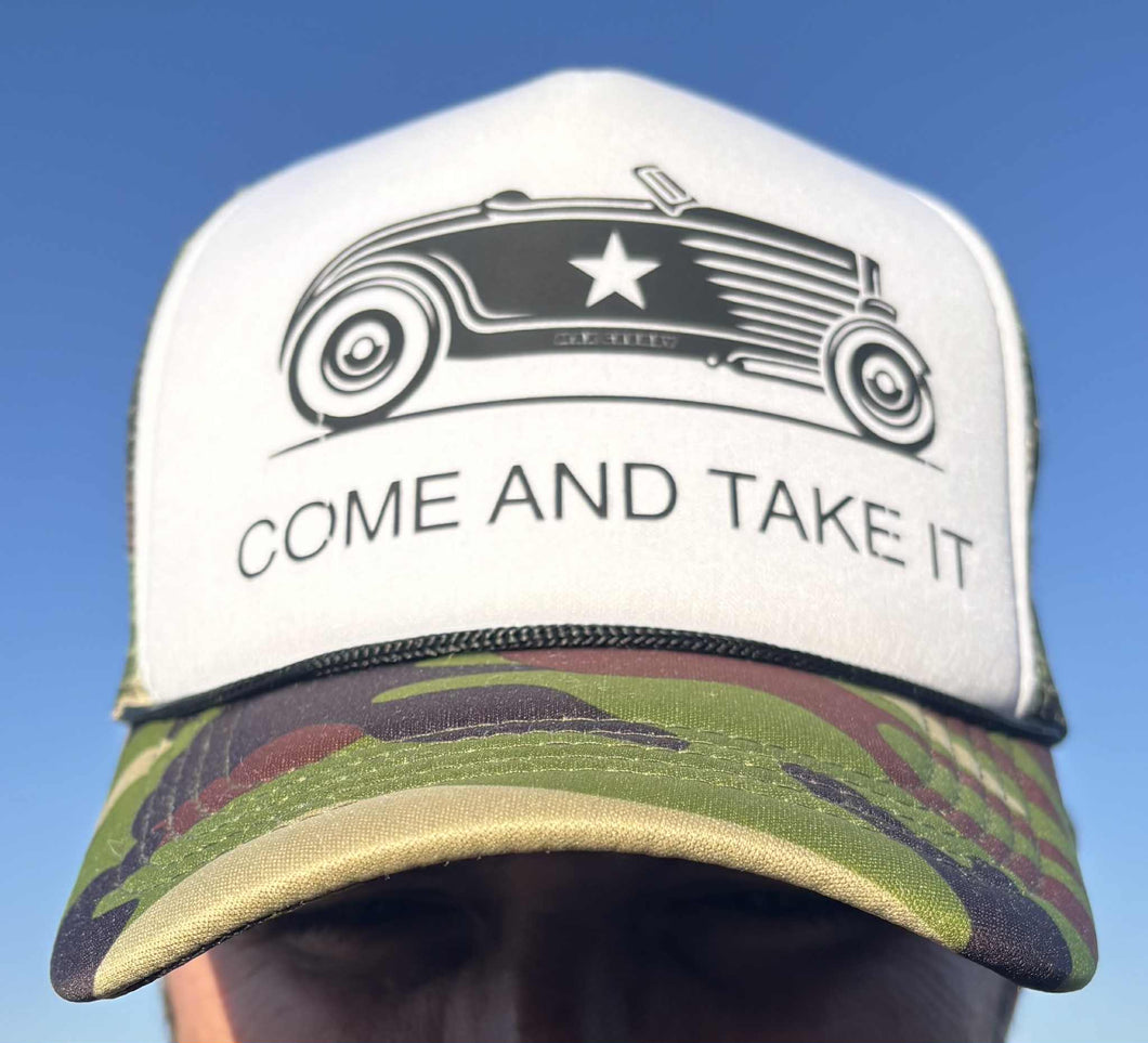 COME AND TAKE IT snap-back trucker cap (camo)