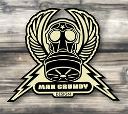 Max Grundy Design gas mask crest logo with lightning bolts and wings