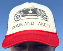 Load image into Gallery viewer, COME AND TAKE IT snap-back trucker cap (red, white, blue)